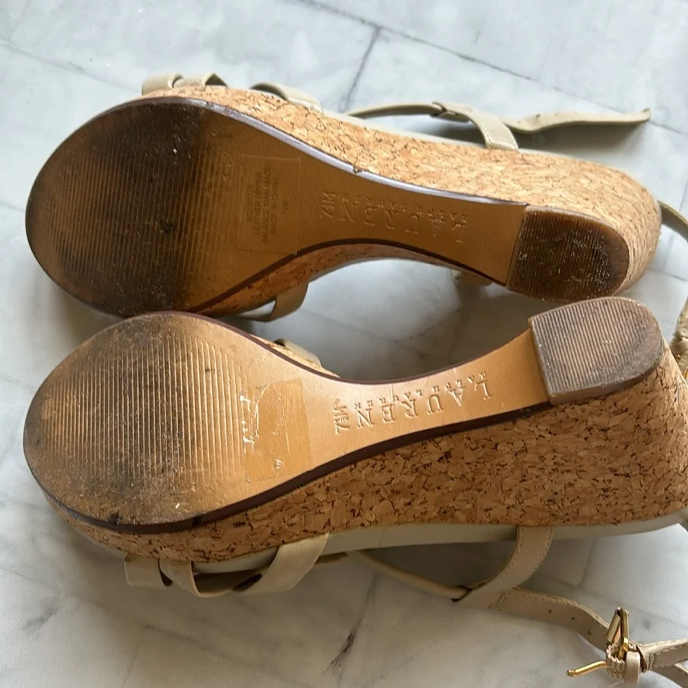 Lauren Ralph Lauren Strappy Leather Cork Wedges (Size 7.5)